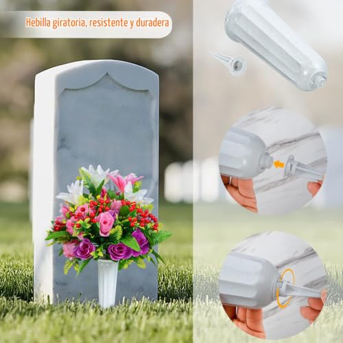 Flores artificiales cementerio con lirios artificiales y jarrón decorativo para lápida, 2 sets 5