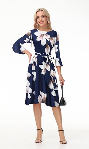 Image of Hostoyo Church Dress for Women Wedding Guest Cocktail Party Dresses Evening Prom Formal Modest Gowns Crew Neck Bell Sleeve