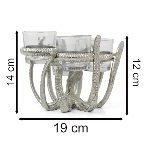 Octopus Tealight Candle Holder | Nautical Octopus with 4 Glass Candle Holders | Silver Aluminium Tea Light Candelabra - 19x17cm - Cosy Home Interiors Octopus Tealight Candle Holder | Nautical Octopus with 4 Glass Candle Holders | Silver Aluminium Tea Light Candelabra - 19x17cm - Image 3