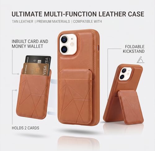 Image of amazon basics Premium Vegan Leather Back Cover with Card Holder and Integrated Mobile Stand for iPhone 12 - Slim Shockproof Wallet Case with Geometric Stitching [Tan]