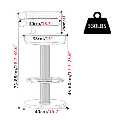 Tabouret de bar réglable pivotant anti-mal de dos assise velours stable