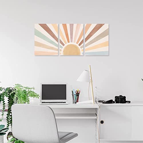 Boho Sun Wall Art Set Of 3, Framed Canvas Wall Art Rainbow Sun Rising On The Horizon Geometric Nature Illustrations Line Art Wall, Mid-Century Modern Prints Boho Wall Decor For Living Room, Bedroom, Bathroom, Office, 12"X16" Watercolor #TOP4