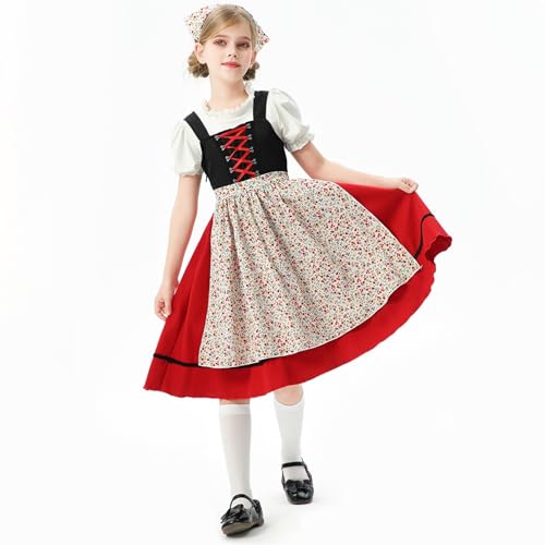 Girls Midi Dirndl Dress Oktoberfest Retro Traditional Pleated Short Sleeve Dresses Flower Graphic Knee Length Skirts4