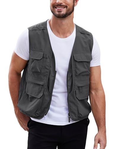Gihuo Men's Utility Fishing Vest Lightweight Outdoor Work Safari Travel Cargo Vest with Multi-Pockets (US, Alpha, Large, Regular, Regular, Grey)