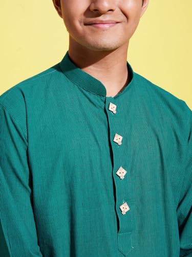 Image of VASTRAMAY boys VASTRAMAY YUVA Boys' Teal Green and White Pure Cotton Kurta Pyjama Set