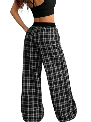 Women's Gingham Pants Plaid Casual Y2k Checkered Waist Wide Leg Baggy Pants Long Trousers with Pockets