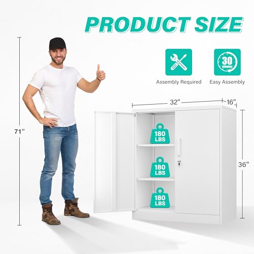 Image of SISESOL White Metal Storage Cabinet with Doors and Shelves,36 inch Small Metal Cabinet with Lock,Short Garage Storage Cabinets,Locking Steel Cupboard for Home,Office,Kitchen,Garages