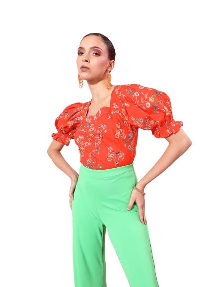Image of Style Quotient Women Orange Floral Print Sweetheart Neck Top