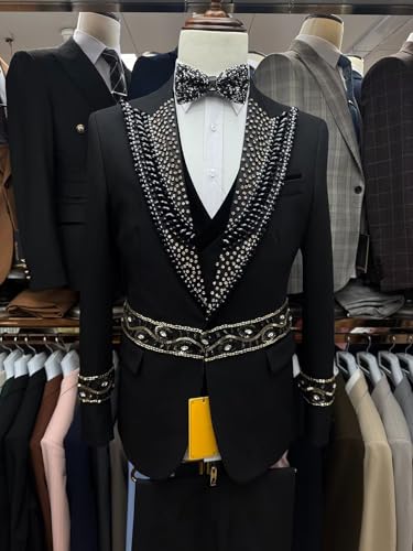 Mens Suits Slim Fit 3 Piece Handmade Beaded Formal Tuxedo Suits with Blazer Vest Pants for Wedding Prom2