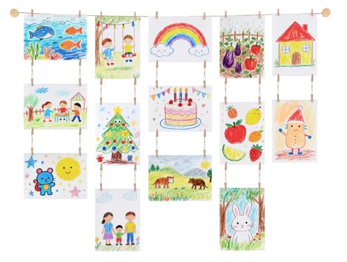 Mkono Art Display for Kids Artwork 59 L Hanging Rope Boho Wall Decor with 34 Clips Kids Art Collage Pictures Holder Wall Hanging Decoration for Room Bedroom Playroom Classroom