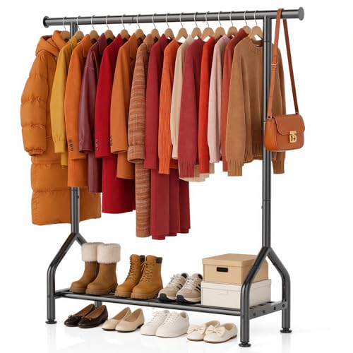 EAGMAK Sturdy Clothing Racks with Shelf, Metal Clothes Rack with Leveling Feet for Hanging Clothes, Freestanding Garment Coat Rack for Bedroom, Apartment & Small Spaces, Black