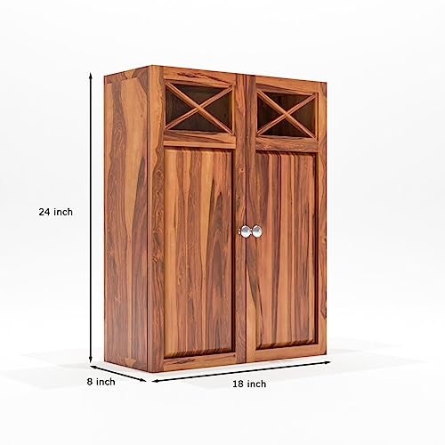 Image of Solid Sheesham Wood Kitchen Cabinet for Home | Wall Mounted Kitchen Rack with Storage | Wooden Organizer with 2 Door Cabinet Storage Honey Finish