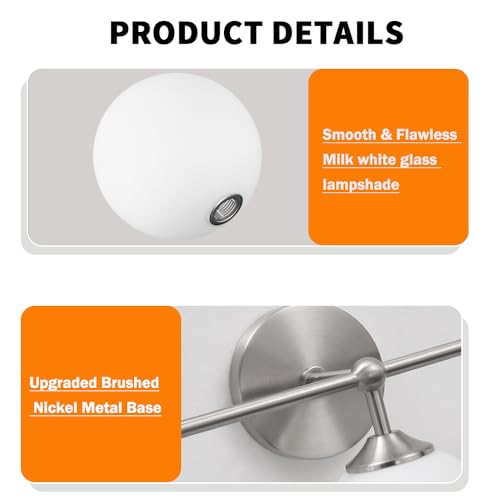 Image of Elagant Modern Brushed Nickel Bathroom Vanity Lights, 3-Lights Bathroom Light Fixtures with Milky White Globe Glass Shade, Bathroom Wall Sconces Light over Mirror Dressing Table Bedroom Living Room