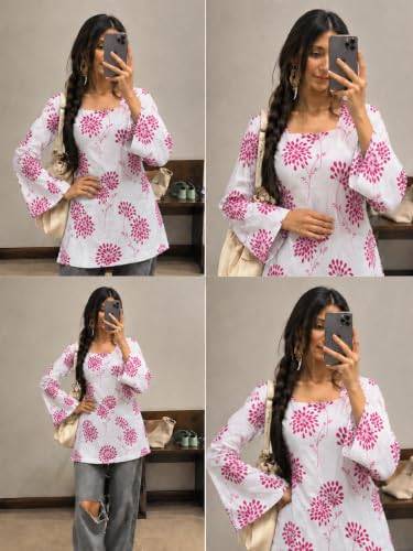 Image of SONISHA Women's Rayon Floral Print Short Kurti for Women Elegance Square Neck, Long Sleeves with Style Criss Cross Back Kurti, Top for Office Wear, Casual, Outdoor