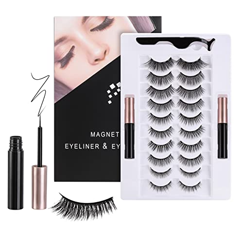 Magnetic Eyeliner and Eyelashes Kit, 10 Pairs Easy Fake Eyelashes Magnetic Natural Lashes with Tweezers