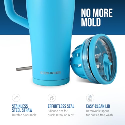 Image of Ice Shaker 40 oz Tumbler with Handle and Straw | 40oz Caribbean Blue | Cold for 30+ Hours | 2-in-1 Tumbler Shaker Bottle | Odor-Free 40 ounce Bottle for Water, Protein Shakes, Smoothies, Cocktails