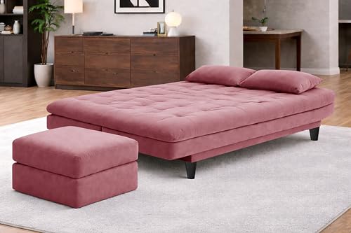 Image of Rosebell Modern Three-Seater Sofa Cum Bed - Foldable Velevt Fabric Sofa, Foam Seating, Stylish Design for Living Room, Guest Room & Office-Rose Pink
