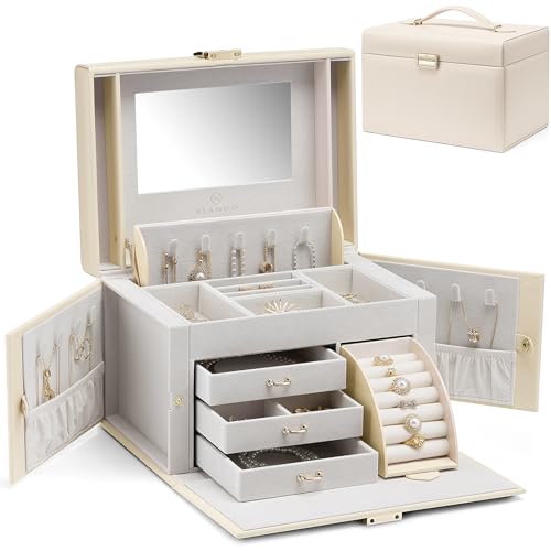 Vlando Large Jewellery Box for Women, High-End PU Leather Mirror Jewellery Boxes with 3 Drawers Jewelry Storage, Earrings, Rings, Necklaces, Bracelets