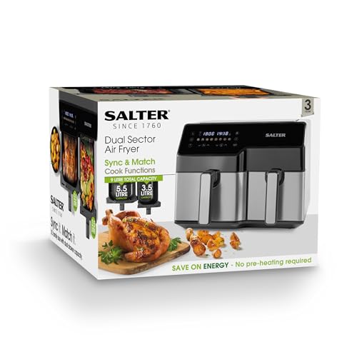 Salter EK5729 Dual Sector Air Fryer – XL 9L Family Size, Dual Non-Stick Cooking Drawers (5.5L/3.5L), Digital LED Touch Display, 8 Presets With Sync/Match Cook Function, No Pre-Heating Needed, 2500W