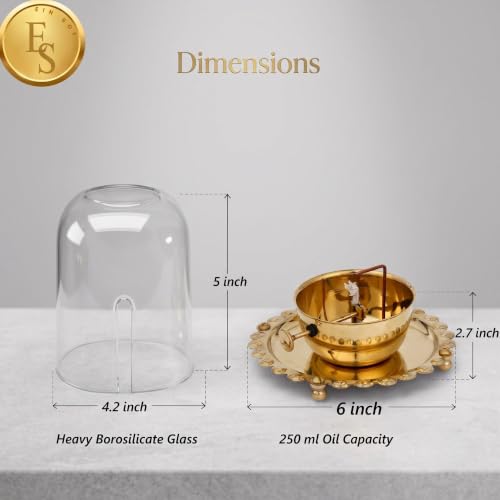 Image of Ein Sof Akhand Diya with Adjustable Bati for Pooja (5 inches), Large Size Brass Diyas with Wick Lifting Screw Lever & Borosilicate Glass Cover for Home Decoration, Puja & Gifting (250ml, 48 Hour)