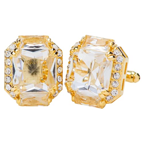 Vittorio Vico Rectangular Colored Diamond Flanked Crystal Cufflinks for Men - Unique Mens Jewelry - Best Gift for Him, Dad, Uncle, Bestfriend, Groom (Gold Metal, Clear Stone Crystal)