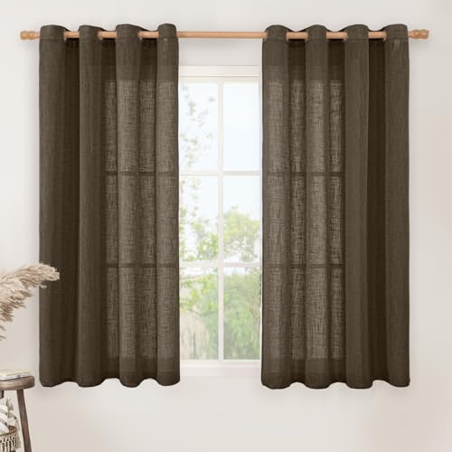 Image of LAMIT Dark Brown Linen Sheer Curtains 54 Inch Length 2 Panels, Short Linen Textured Light Filtering Panels Bronze Grommet Neutral Drapes for Windows /Bedroom /Kitchen, 52 x 54 Inch