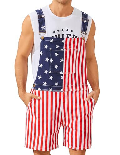 QOSAKIY Overalls for Men Bib Coveralls Shorts Romper Printed Jumpsuits Festival Outfits(American Flag,M)