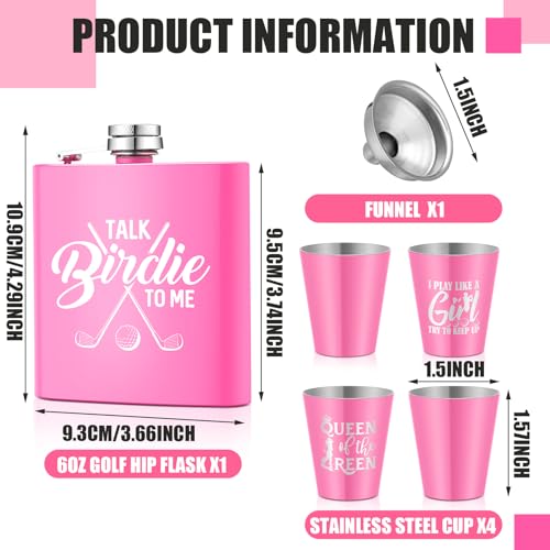 Realspring 6 Pcs Golf Gift Set for Women 6oz Golf Bottle with 4 Stainless Steel Glasses 1 Funnel for Golfers Funny Golfer Accessories for Women Mom Birthday Gift