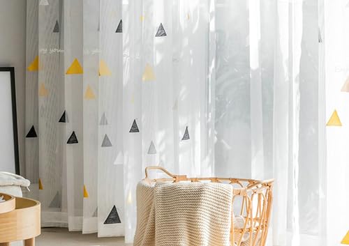 BCughia Thin Sheer Curtains 54 inch Long 2 Panels, Triangle Pattern Pinch Pleat Window Curtains for Living Room, Bedroom Each Panel 34" W x 54" L, White Black Yellow