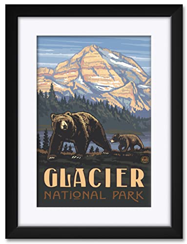 Glacier National Park Rockies Grizzly Bears Professionally Framed & Matted Art Print From Travel Artwork By Artist Paul A. Lanquist Framed Art Size: 18" X 24" #TOP14