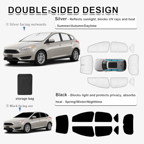 Image of KMF 8pcs Thicken Sun Shade for Ford Focus Hatchback 2014-2018 Accessories, Custom Fit Full Car Window Covers Sunshade for Windshield Side, UV Block and Privacy Blackout for Camping Outdoor