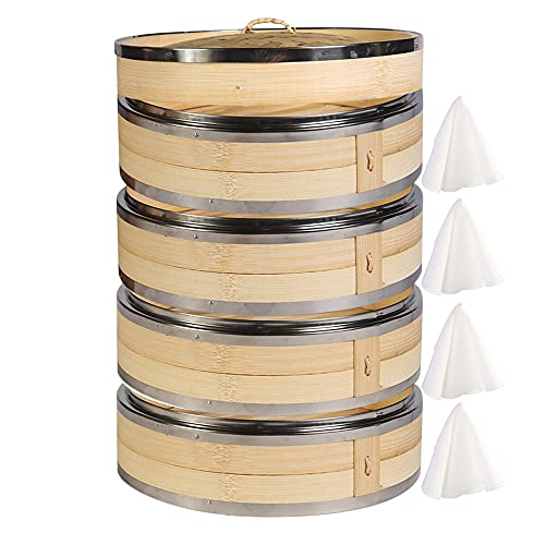 Hcooker 4 Capas Vaporizador de Bambú para Cocina con Doble Bandas de Acero Inoxidable para Cocina Asiática Bollos Empanadillas Verduras Pescado Arroz thumbnail