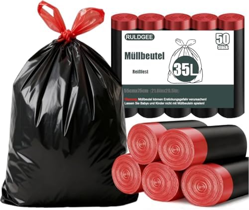 RULDGEE Schwarz Müllbeutel 35l mit Zugband 50 Stück Reißfest Müllsäcke Blickdicht Mülltüten Abfallsäcke