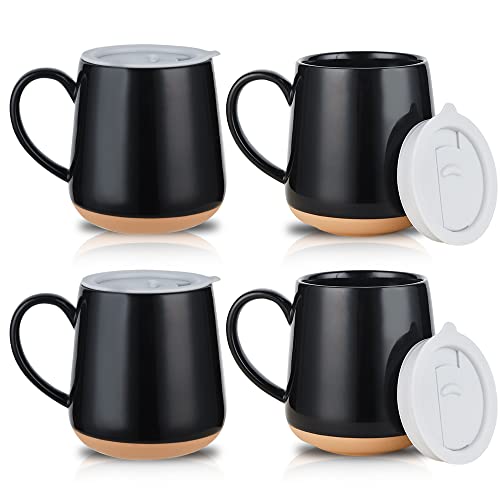 HVH Ceramic Coffee Mugs Set of 4, 17oz with Lid (Black)