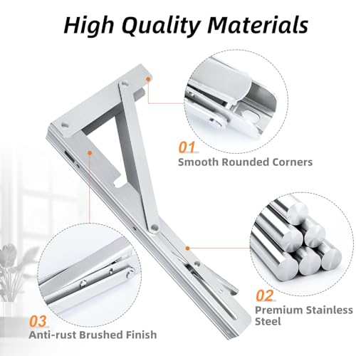 image for LuckIn 12 Inch Folding Shelf Brackets Heavy Duty Stainless Steel Colla
