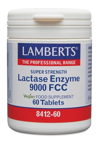 Lamberts Enzima Lactasa 9000 FCC | 60 Tabletas | Apto para Veganos | Sin Gluten | Sin OGM | Super Strength | Para Intolerancia a la Lactosa | Tomar Antes de Lácteos | Calidad Farmacéutica GMP
