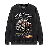 Camiseta de manga larga con personajes de baloncesto retro de algodón lavado Do Old Hip-Hop Fans Street Versátil Unisex Cuello Redondo Suéter, Washed Negro, S-3XL