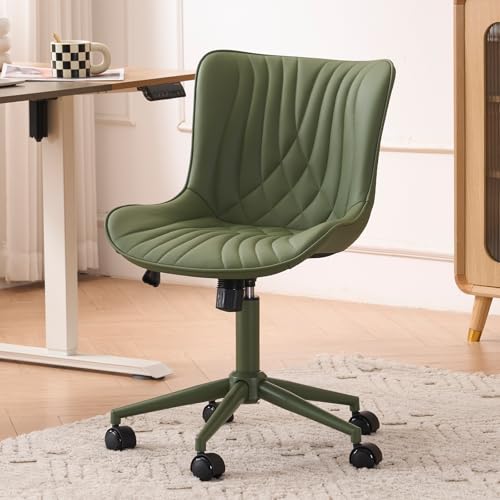 YOUTASTE Office Chair Adjustable, Ergonomic Desk Chair Armless PU Leather Swivel Chairs with Wheels for Home Office Computer, Modern, Overall Olive
