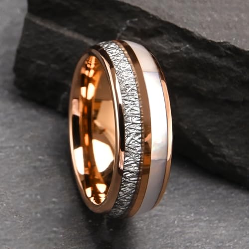 Tungsten Carbide Rings for Men Women 8mm/6mm Silver and Rose Gold Inlaid Meteorite and Shell, Men's Engagement Wedding Bands High Polished2