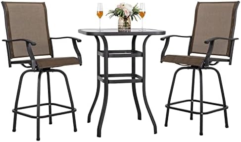 NUU GARDEN 3 Piece Patio Swivel Bar Set, All Weather Mental Textilene High Outdoor Swivel Bar Stools Chair Set of 2 and High Silk Screen Glass Bar Table, High Top Bistro Set,Brown
