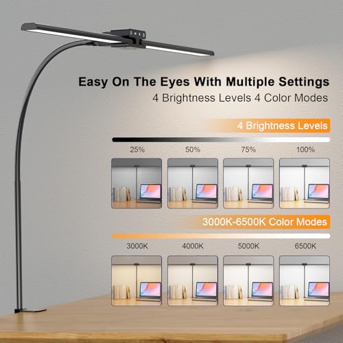 Image of EppieBasic Desk Lamp,24W Led Desk Lamps with Clamp,Double Head Desk Light for Home Office, Architect Desktop Lamp Eye Care Workbench Office Table Light for Monitor Studio Reading