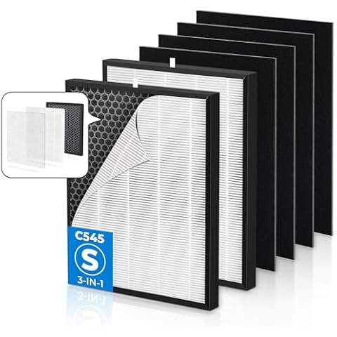 [Upgraded] C545 Replacement Filter S compatible with Winix C545 Air Purifier, 2 True HEPA/Activated Carbon Combo Filters + 4 Carbon Pre-Filter, Part# 1712-0096-00, 2522-0058-00 Cover