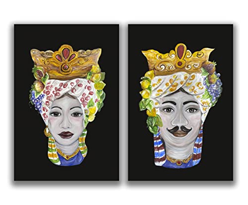 DIAMOND HOME Dipinto a Mano Acrilico su Tela Struttura in Legno | Quadro Materico Rettangolare con Dettagli in Rilievo | Set da 2 Dipinti (65 x 100 CM) made in Italy SET TESTE DI MORO BLACK SICILY
