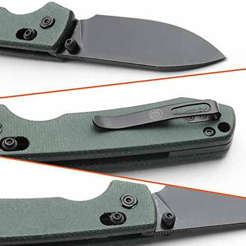 Vosteed Raccoon EDC Folding Pocket Knife - 3.25" 14C28N Black Stonewash Blade, Crossbar Lock - Green Micarta Handle for Camping, Hiking - A0502