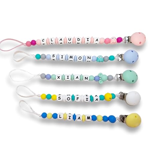 TetebyNoa - Sujetachupetes personalizado con nombre del bebé | Libre BPA, Desde +0 meses Chupetero bordado con tela. Regalo Bebé Guardería (Fantasmas)