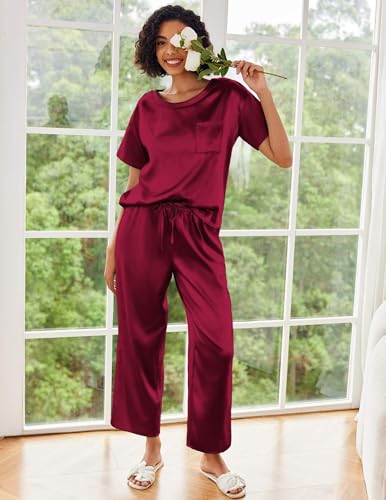 Image of Ekouaer Womens Satin Silky Pajama Set Short Sleeve Shirt with Long Pajama Pant Set Soft PJ Loungewear