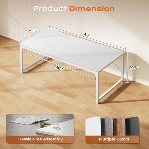 Image of PRAISUN 63 x 29.5 Inch Computer Desk with Deeper Desktop, Gaming Office Writing Work Desk for Home Office, Study, Bedroom, Work from Home, Metal Frame, White