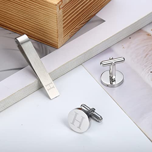 Image of LOYALLOOK Initial Cufflinks and Tie Clip Set for Men Silver Personalized Cuff links and Tie Bar Letter Alphabet A-Z Gift for Father Husband Valentine Gifts for Men