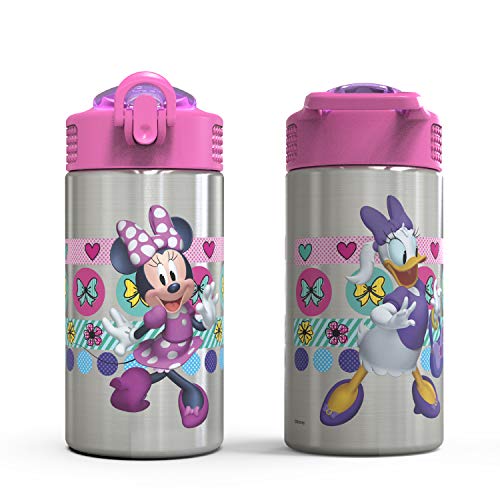 Image of Zak Designs Disney Minnie's Happy Helpers - Stainless Steel Water Bottle with One Hand Operation Action Lid and Built-in Carrying Loop, Kids Water Bottle with Straw Spout (15.5 oz, 18 /8, BPA Free)