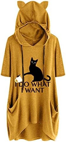 Women Plus Size Hoodie Shirt with Pocket Short Sleeve Letter Print Cute Cat Ear Hooded Pullover Top Blouse